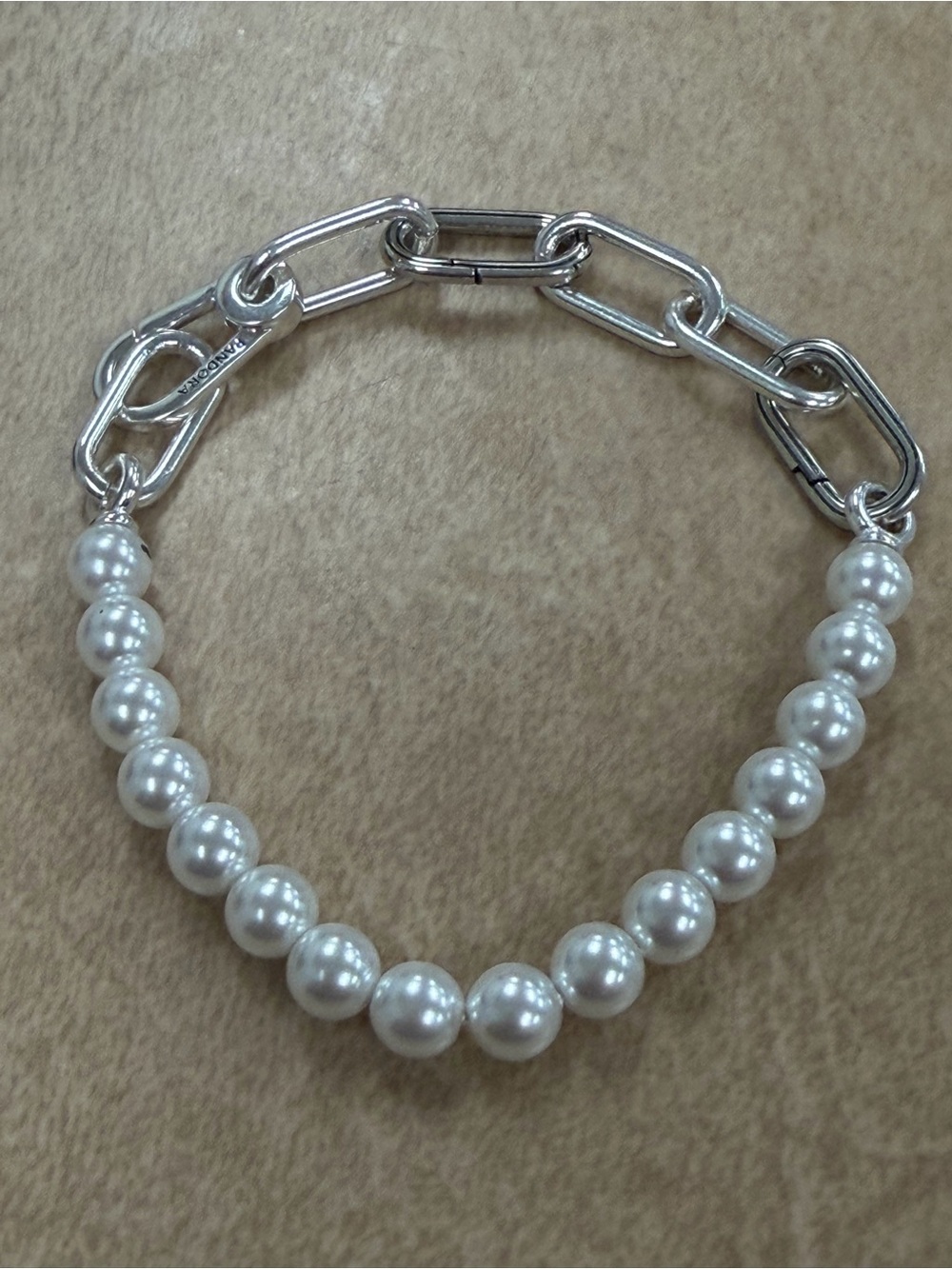 Pandora Silver Link Bracelet with White Pearls and Chain new no box 7 inches - Picture 4 of 4